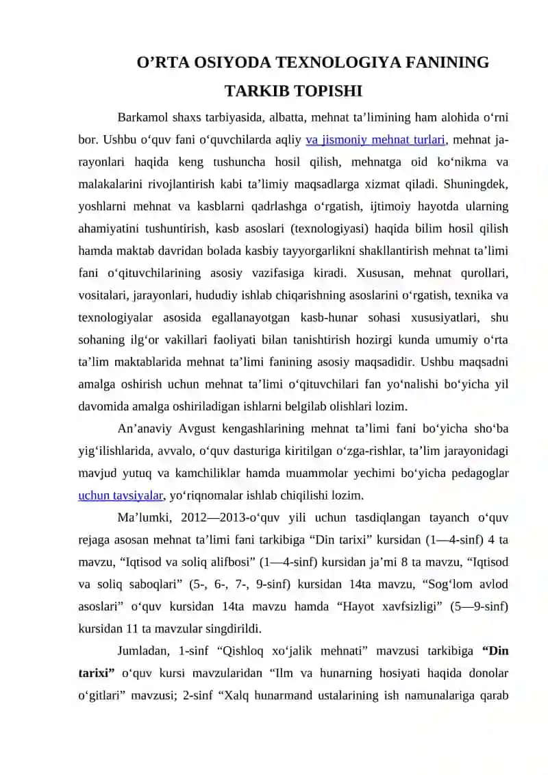 O’RTA OSIYODA TEXNOLOGIYA FANINING TARKIB TOPISHI
