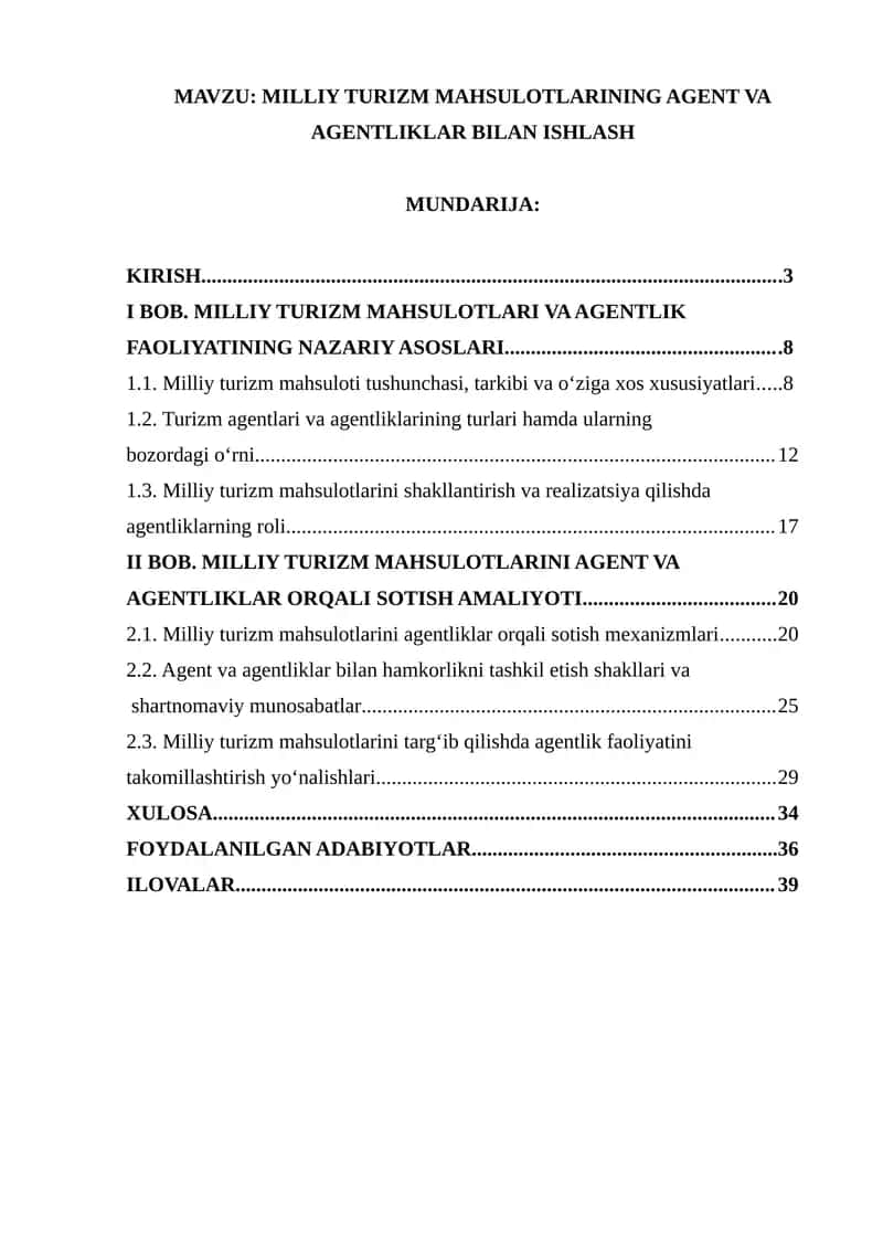 MILLIY TURIZM MAHSULOTLARINING AGENT VA AGENTLIKLAR BILAN ISHLASH 1