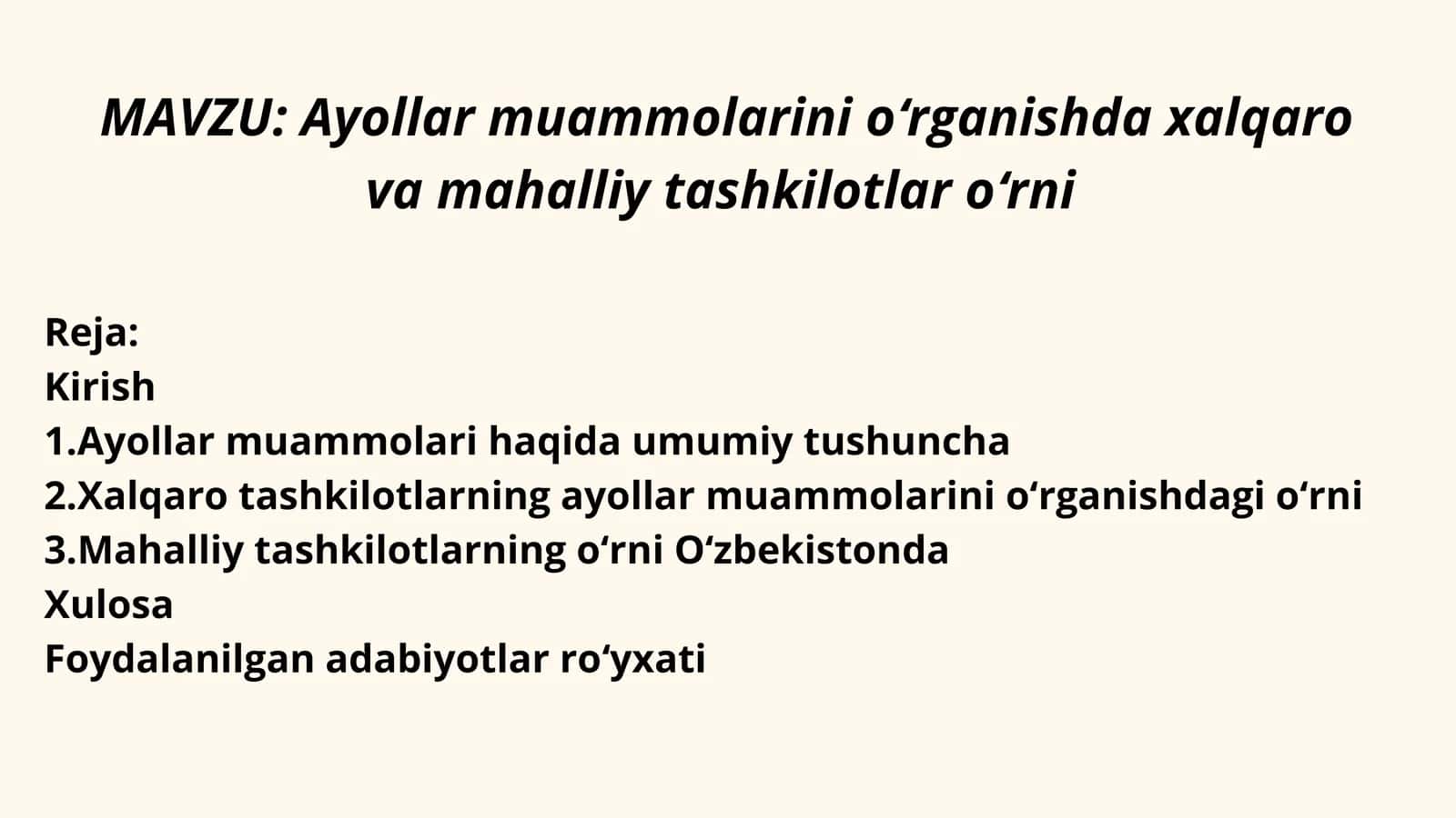 Ayollar muammolarini oʻrganishda xalqaro va mahalliy tashkilotlar oʻrni 1