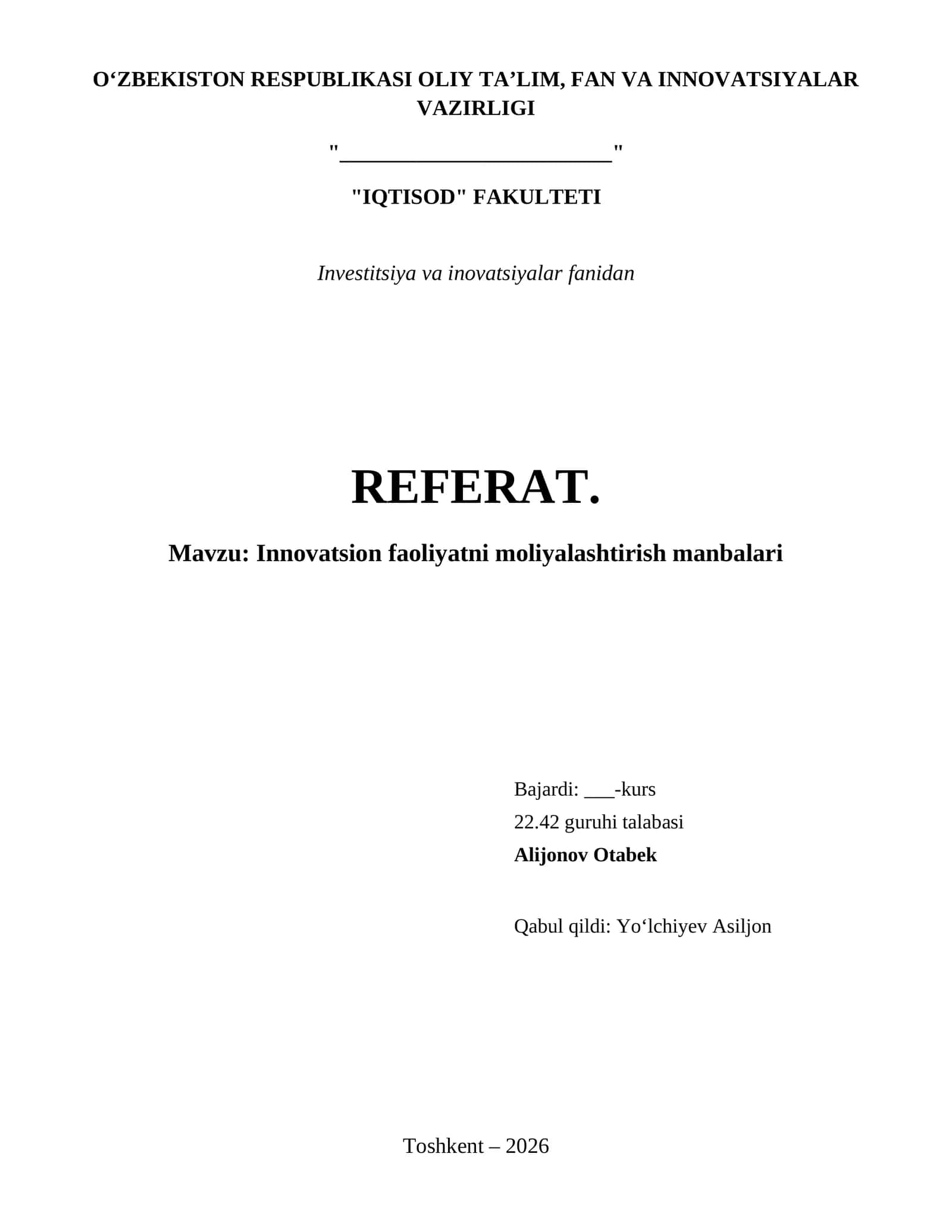 Innovatsion faoliyatni moliyalashtirish manbalari 1