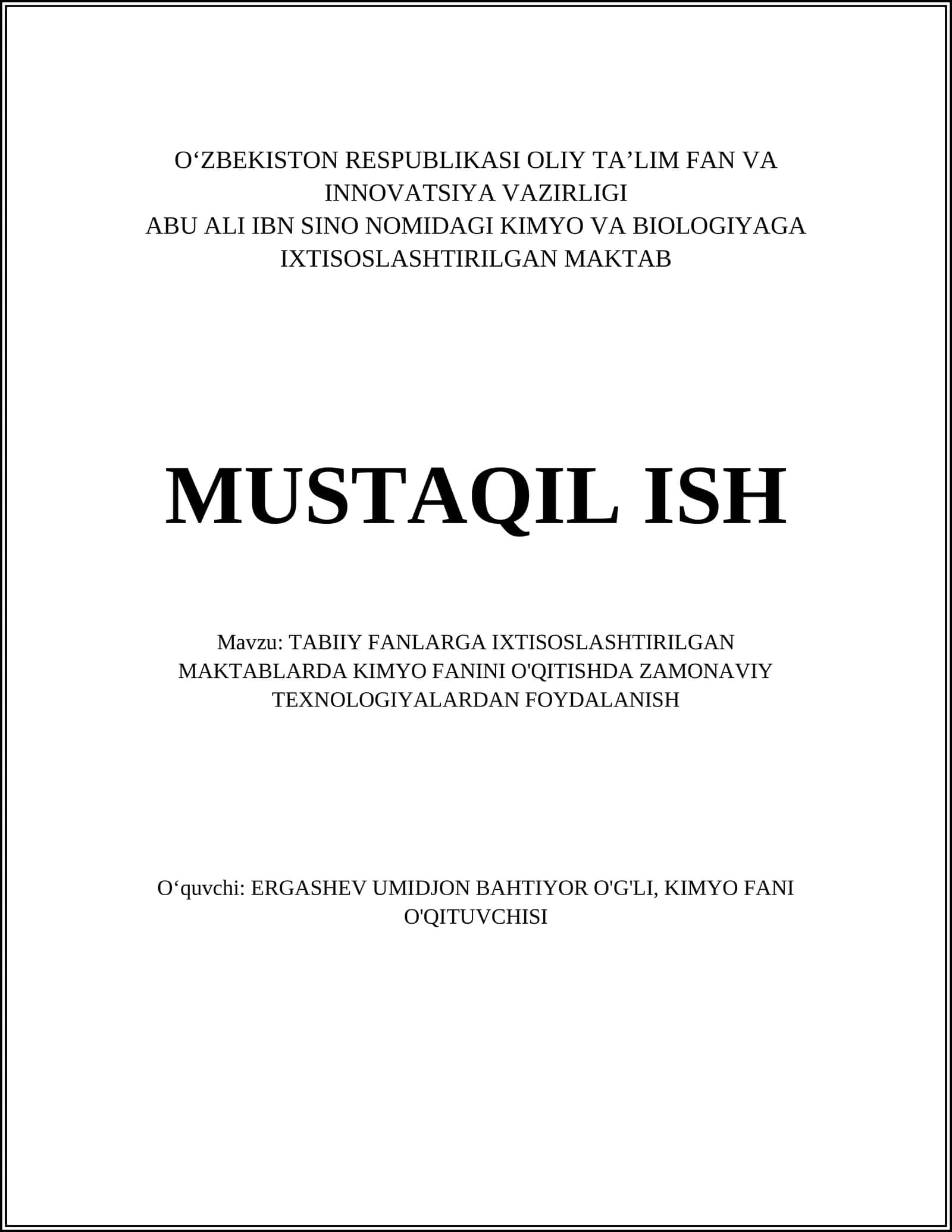 TABIIY FANLARGA IXTISOSLASHTIRILGAN MAKTABLARDA KIMYO FANINI O'QITISHDA ZAMONAVIY TEXNOLOGIYALARDAN FOYDALANISH 1