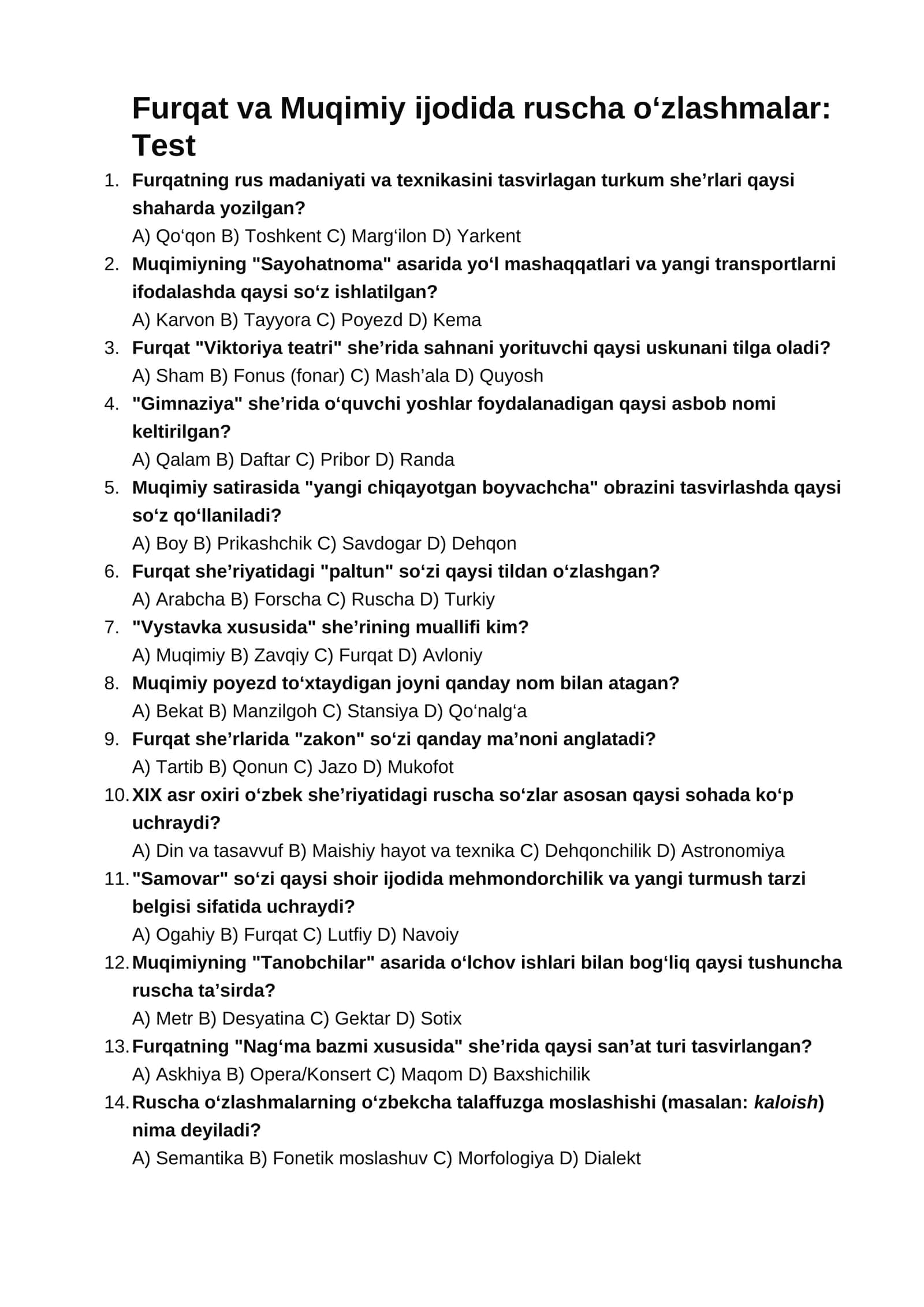 Furqat va Muqimiy ijodida ruscha o‘zlashmalar: Test 1