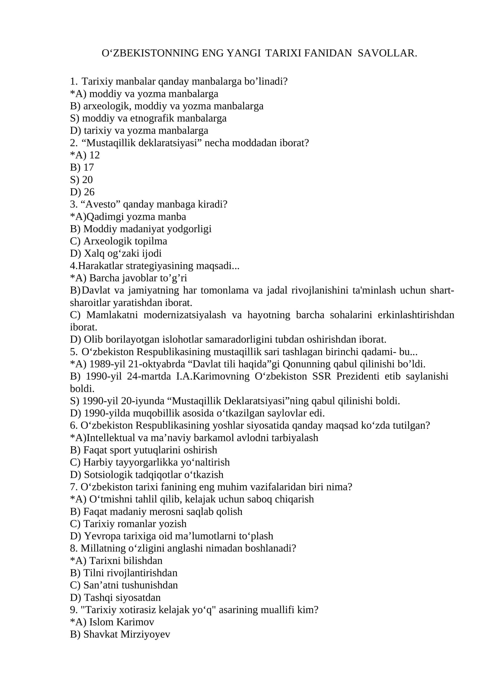 O‘ZBEKISTONNING ENG YANGI TARIXI FANIDAN SAVOLLAR 1