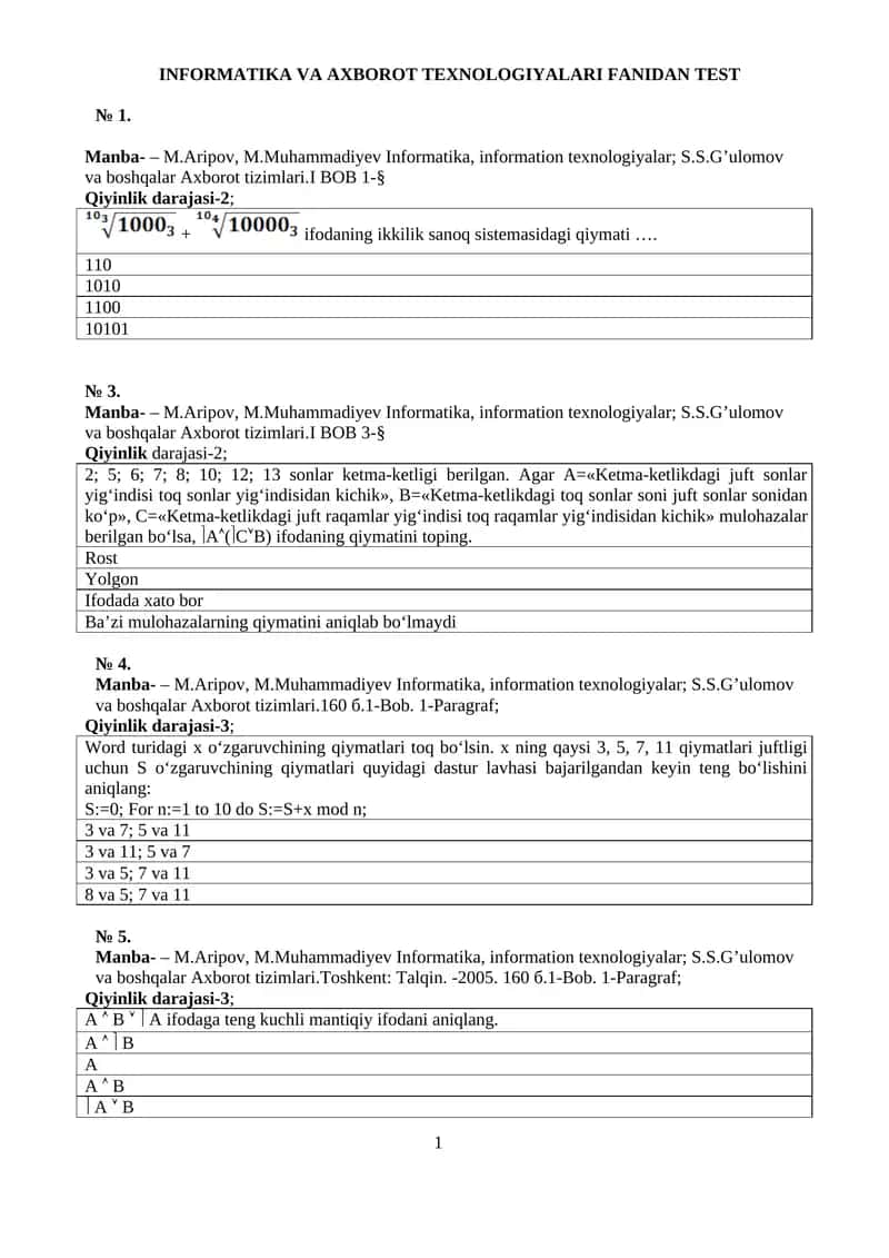 INFORMATIKA VA AXBOROT TEXNOLOGIYALARI FANIDAN TEST 1