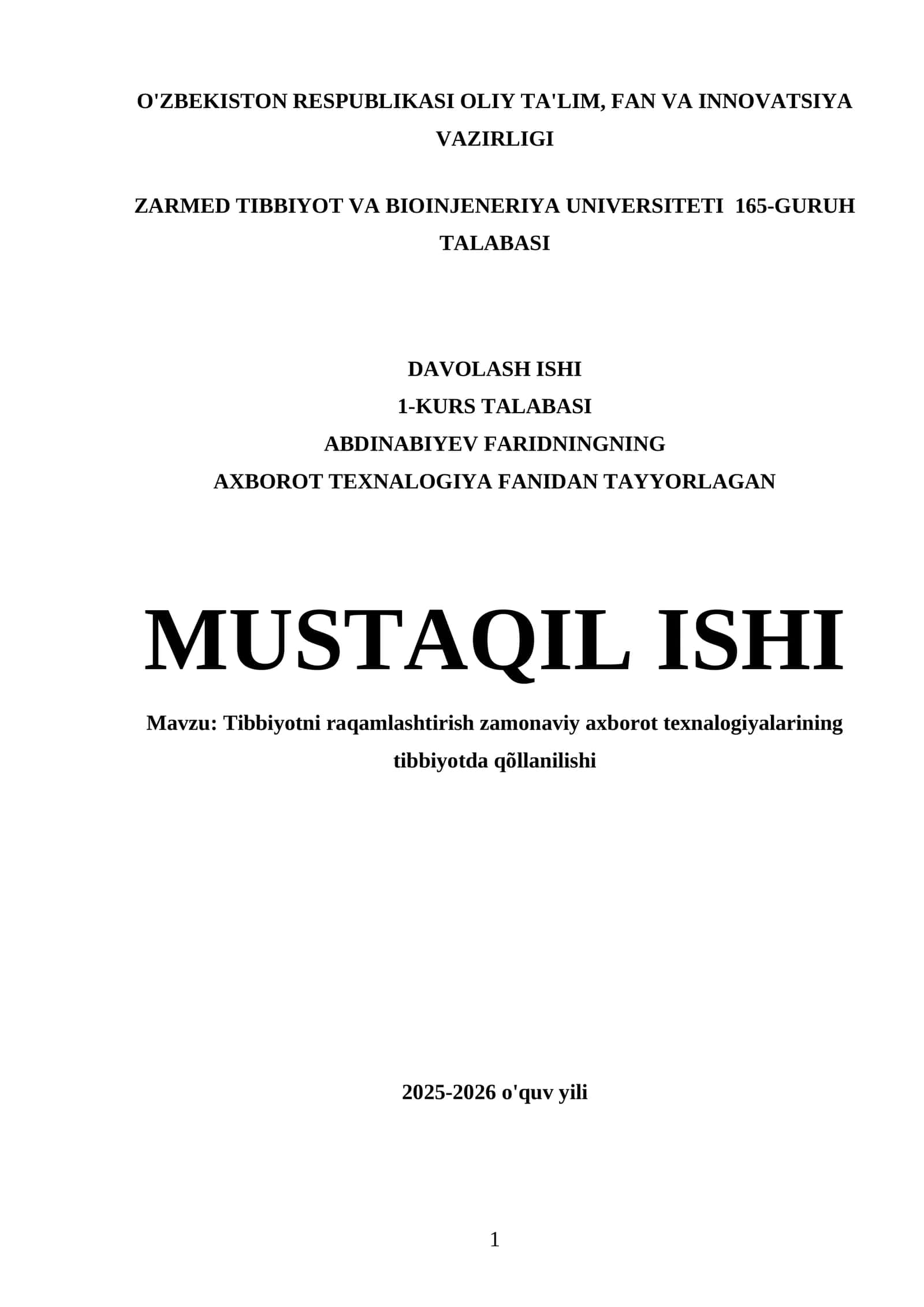 Tibbiyotni raqamlashtirish zamonaviy axborot texnalogiyalarining tibbiyotda qõllanilishi 1