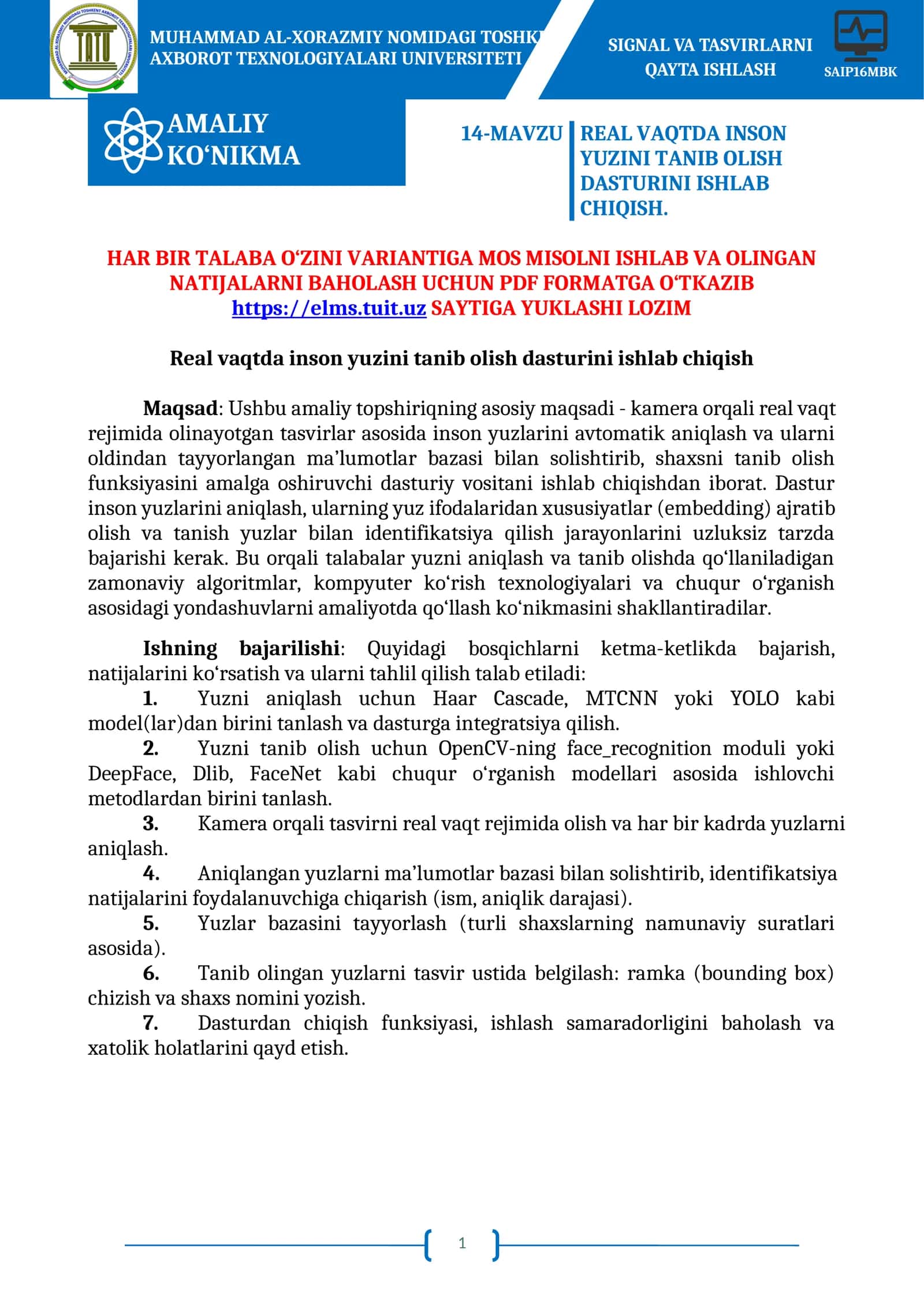 REAL VAQTDA INSON YUZINI TANIB OLISH DASTURINI ISHLAB CHIQISH 1