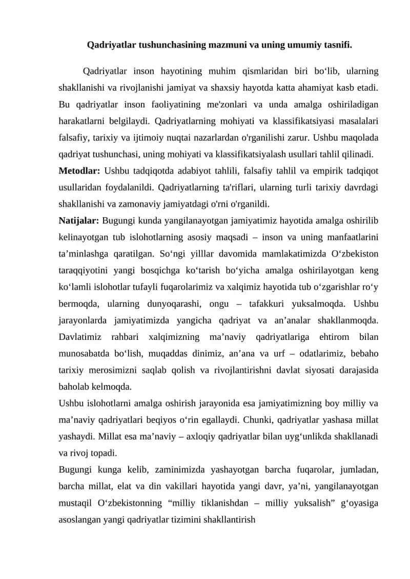 Qadriyatlar tushunchasining mazmuni va uning umumiy tasnifi 1