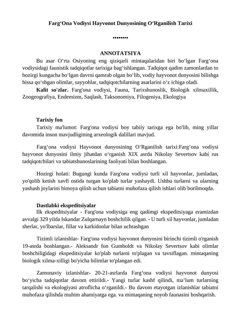 FargʻOna Vodiysi Hayvonot Dunyosining OʻRganilish Tarixi 1