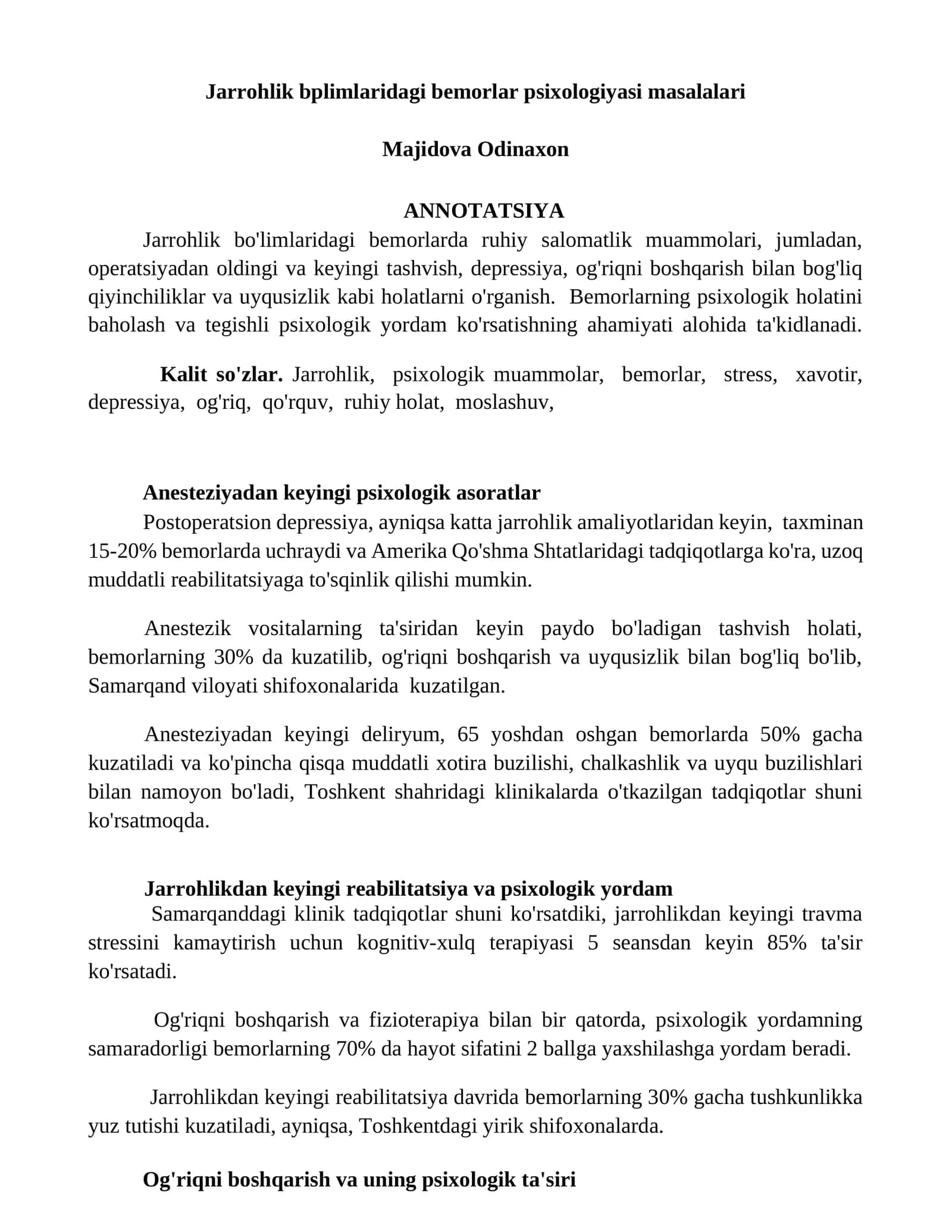 Jarrohlik bplimlaridagi bemorlar psixologiyasi masalalari 1
