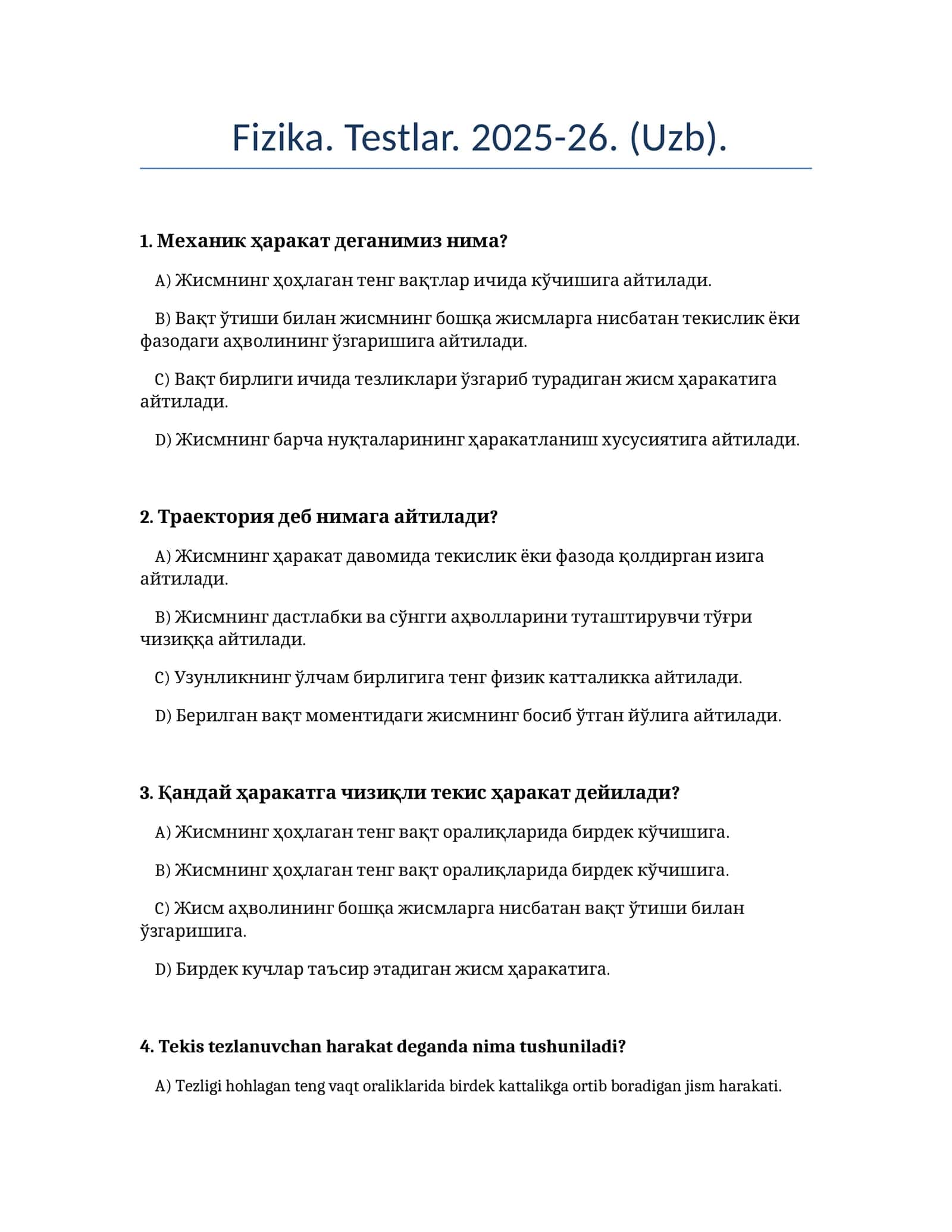 Fizika. Testlar. 2025-26. (Uzb) 1