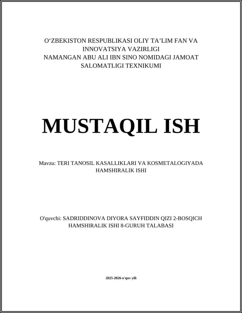 TERI TANOSIL KASALLIKLARI VA KOSMETALOGIYADA HAMSHIRALIK ISHI 1