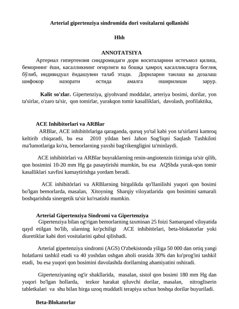 Arterial gipertenziya sindromida dori vositalarni qollanishi 1