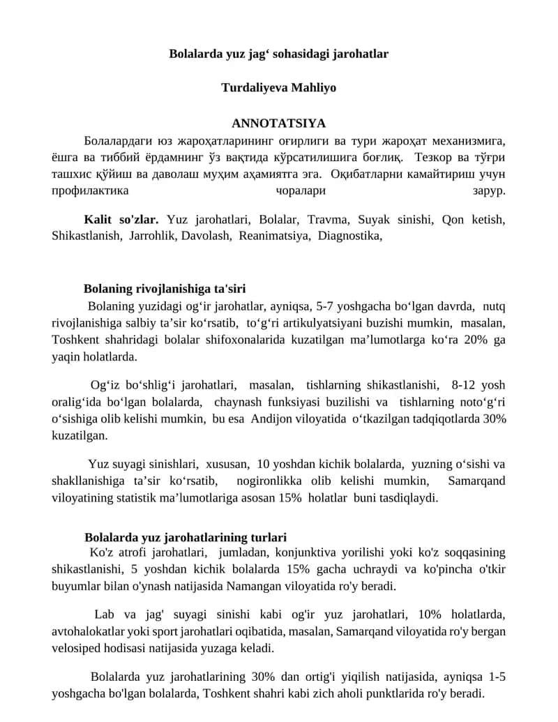 Bolalarda yuz jagʻ sohasidagi jarohatlar 1