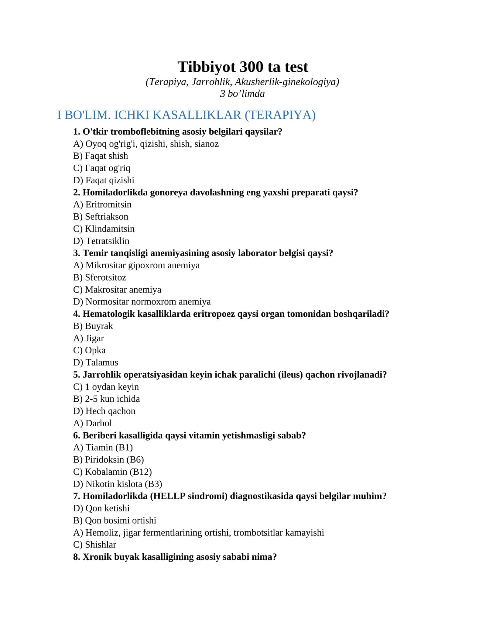 Tibbiyot 300 ta test 1