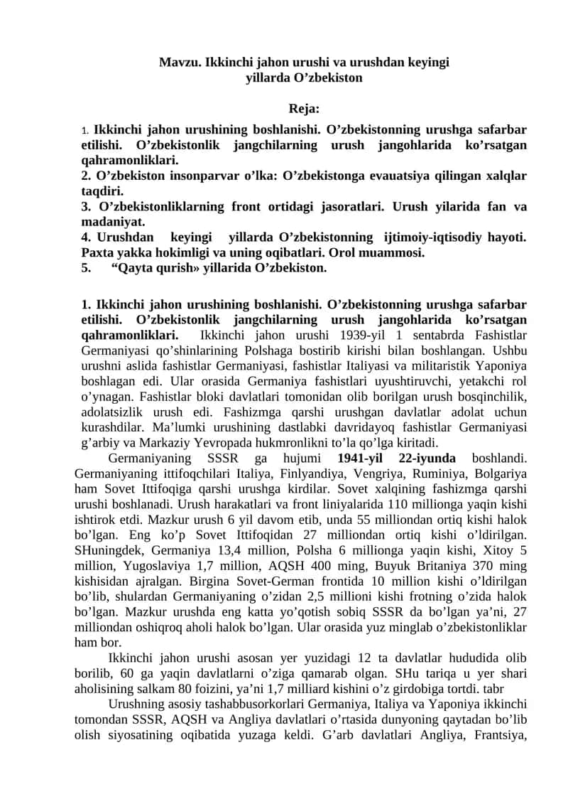 Ikkinchi jahon urushi va urushdan keyingi yillarda O’zbekiston 1
