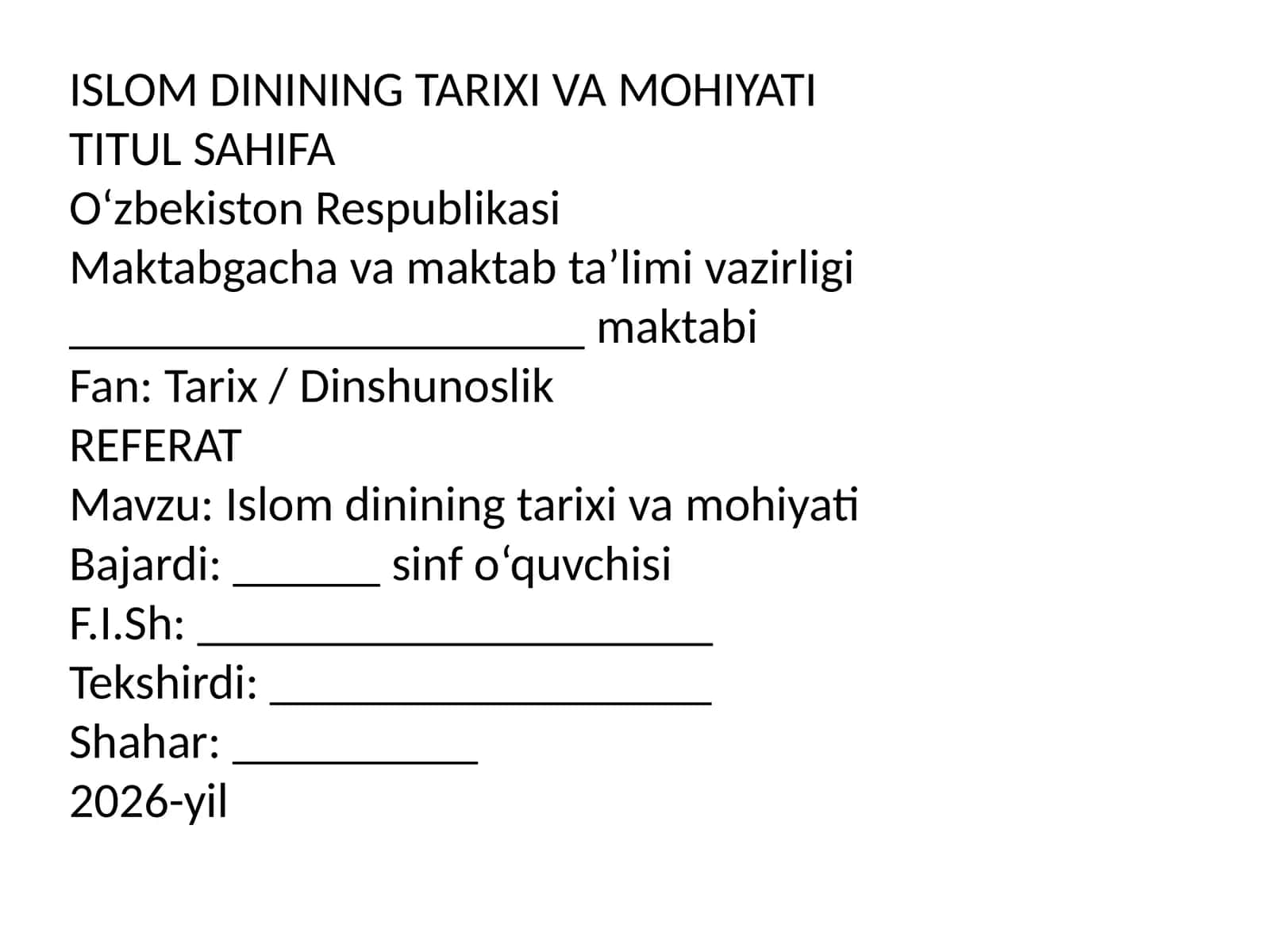 ISLOM DININING TARIXI VA MOHIYATI Mavzusida Referat 1
