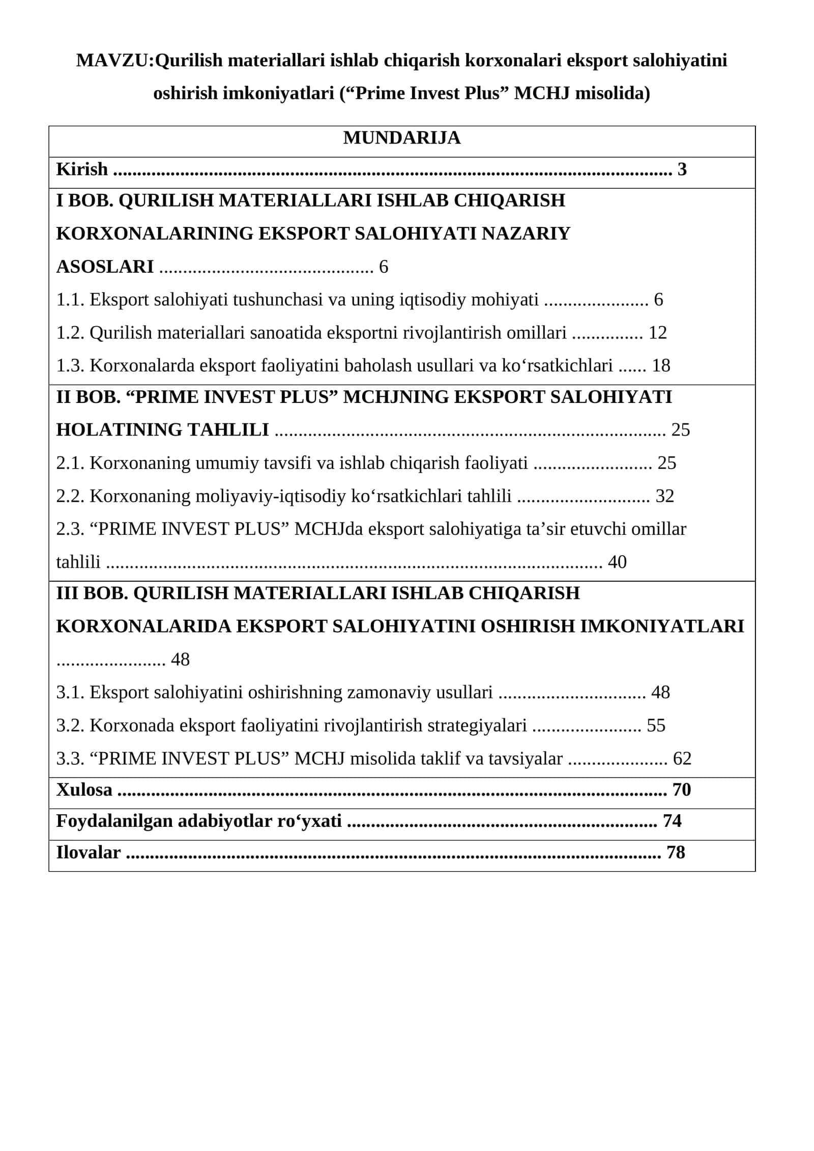Qurilish materiallari ishlab chiqarish korxonalari eksport salohiyatini oshirish imkoniyatlari (“Prime Invest Plus” MCHJ misolida) 1
