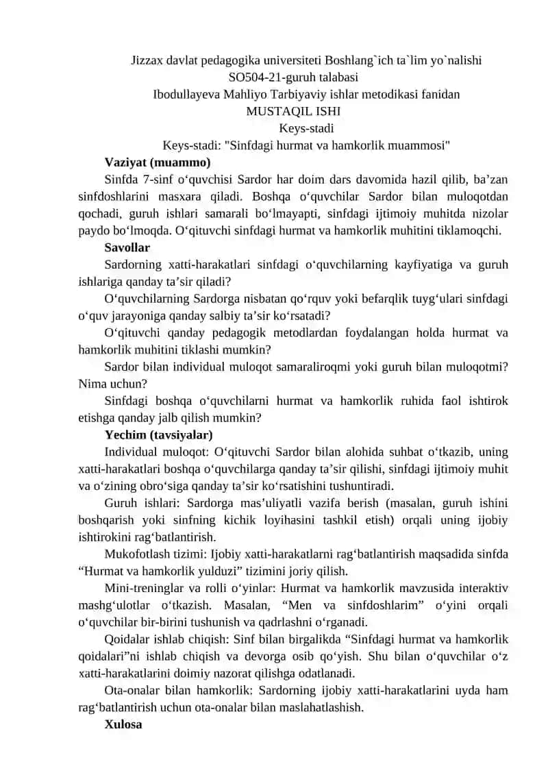 Ibodullayeva Mahliyo Tarbiyaviy ishlar metodikasi 1