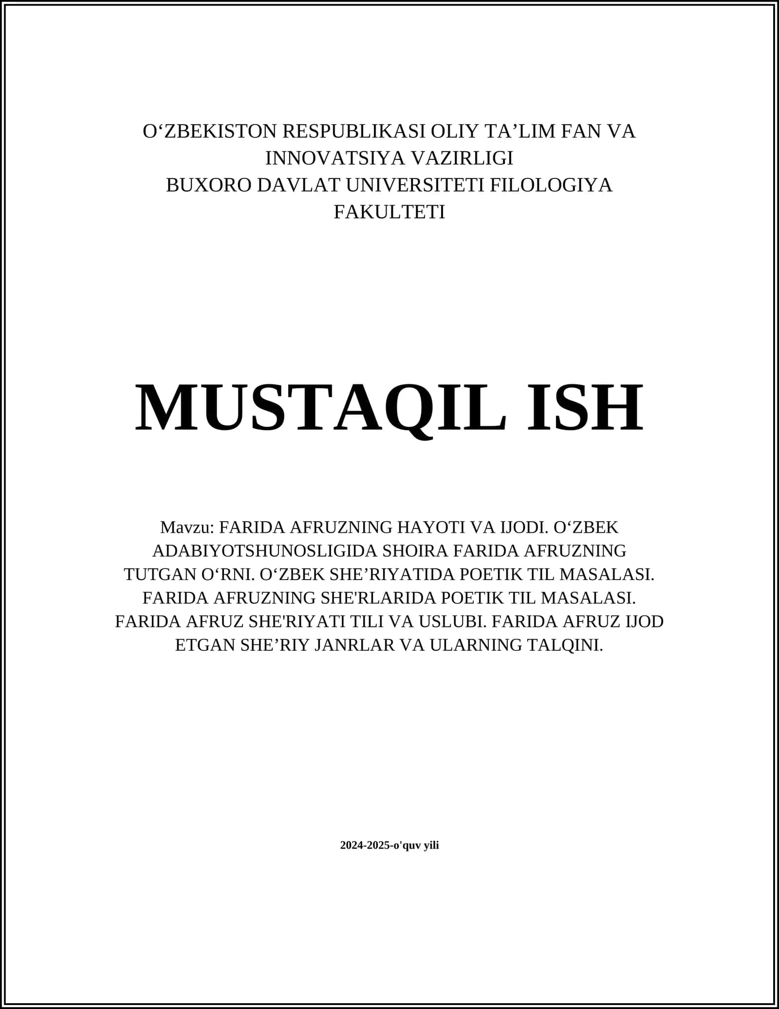 FARIDA AFRUZNING HAYOTI VA IJODI. OʻZBEK ADABIYOTSHUNOSLIGIDA SHOIRA FARIDA AFRUZNING TUTGAN OʻRNI. OʻZBEK SHEʼRIYATIDA POETIK TIL MASALASI. FARIDA AFRUZNING SHE'RLARIDA POETIK TIL MASALASI. FARIDA AFRUZ SHE'RIYATI TILI VA USLUBI. FARIDA AFRUZ IJOD ETGAN SHEʼRIY JANRLAR VA ULARNING TALQINI 1
