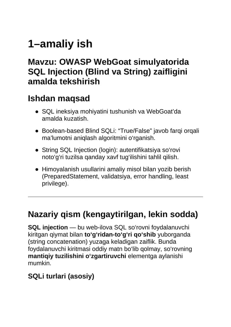 OWASP WebGoat simulyatorida SQL Injection (Blind va String) zaifligini amalda tekshirish 1