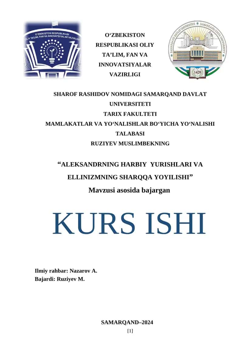 ALEKSANDRNING HARBIY YURISHLARI VA ELLINIZMNING SHARQQA YOYILISHI 1