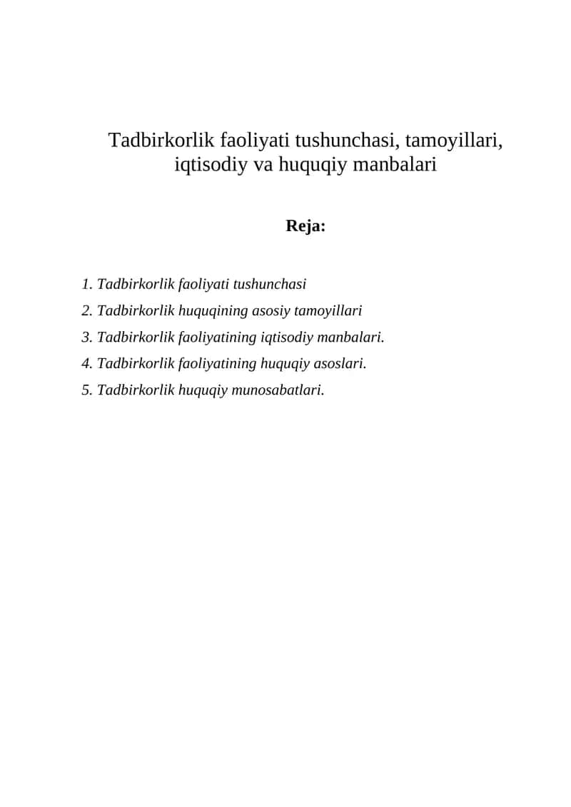 Tadbirkorlik faoliyati tushunchasi 1