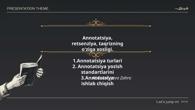Annotatsiya, Retsenziya, Taqrizning o'ziga xosligi 1