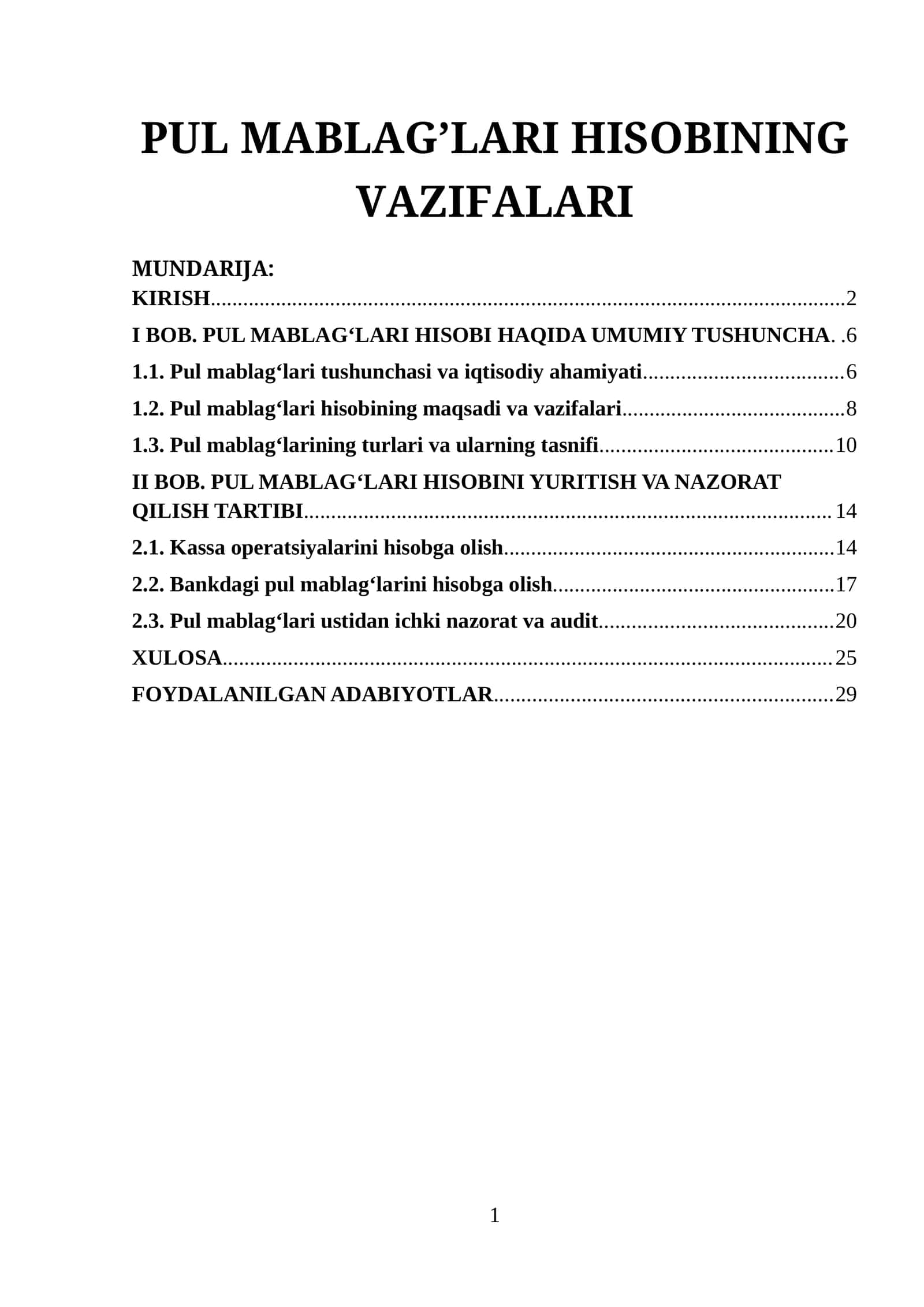 PUL MABLAG’LARI HISOBINING VAZIFALARI 1