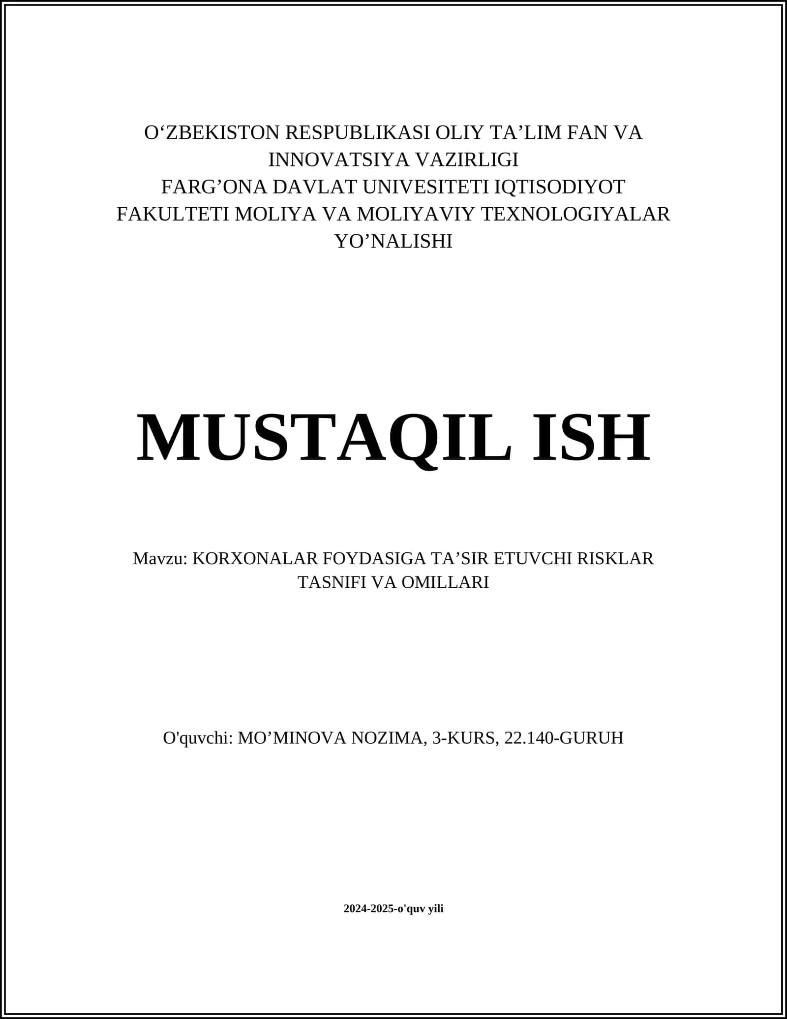 KORXONALAR FOYDASIGA TA’SIR ETUVCHI RISKLAR TASNIFI VA OMILLARI 1