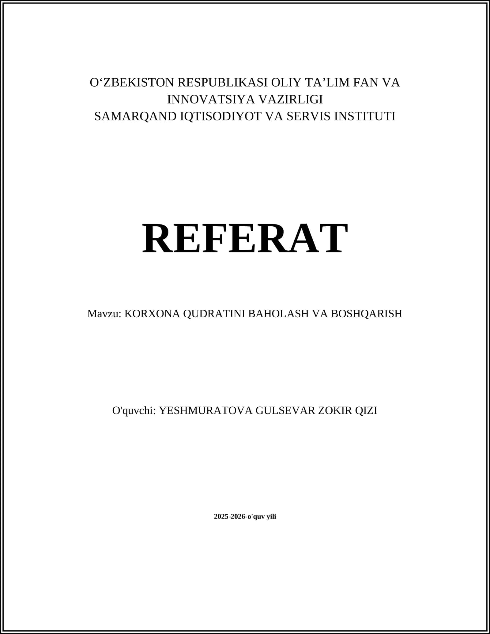 KORXONA QUDRATINI BAHOLASH VA BOSHQARISH REFERAT 1