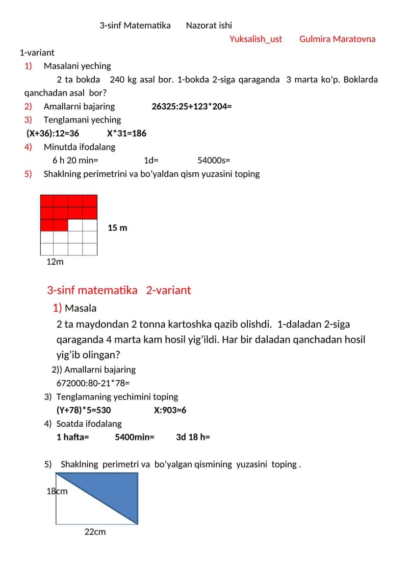 3-sinf Matematika Nazorat ishi 1