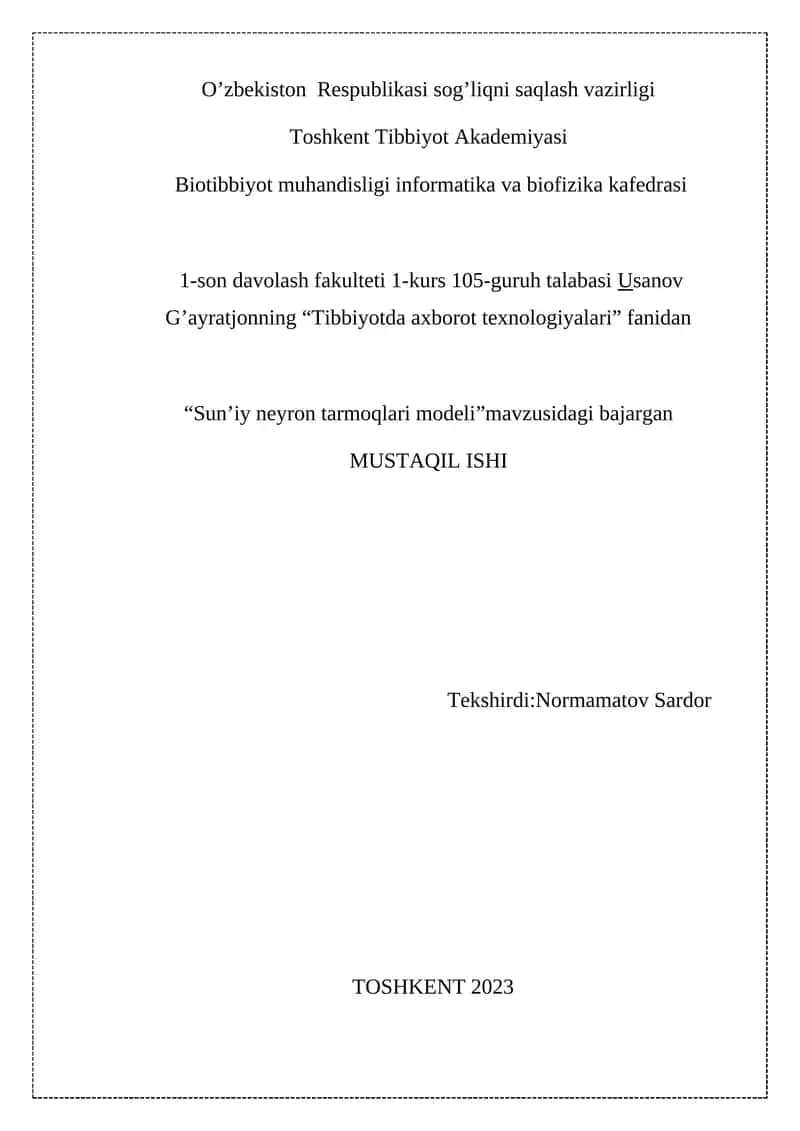 Sun’iy neyron tarmoqlari modeli 1