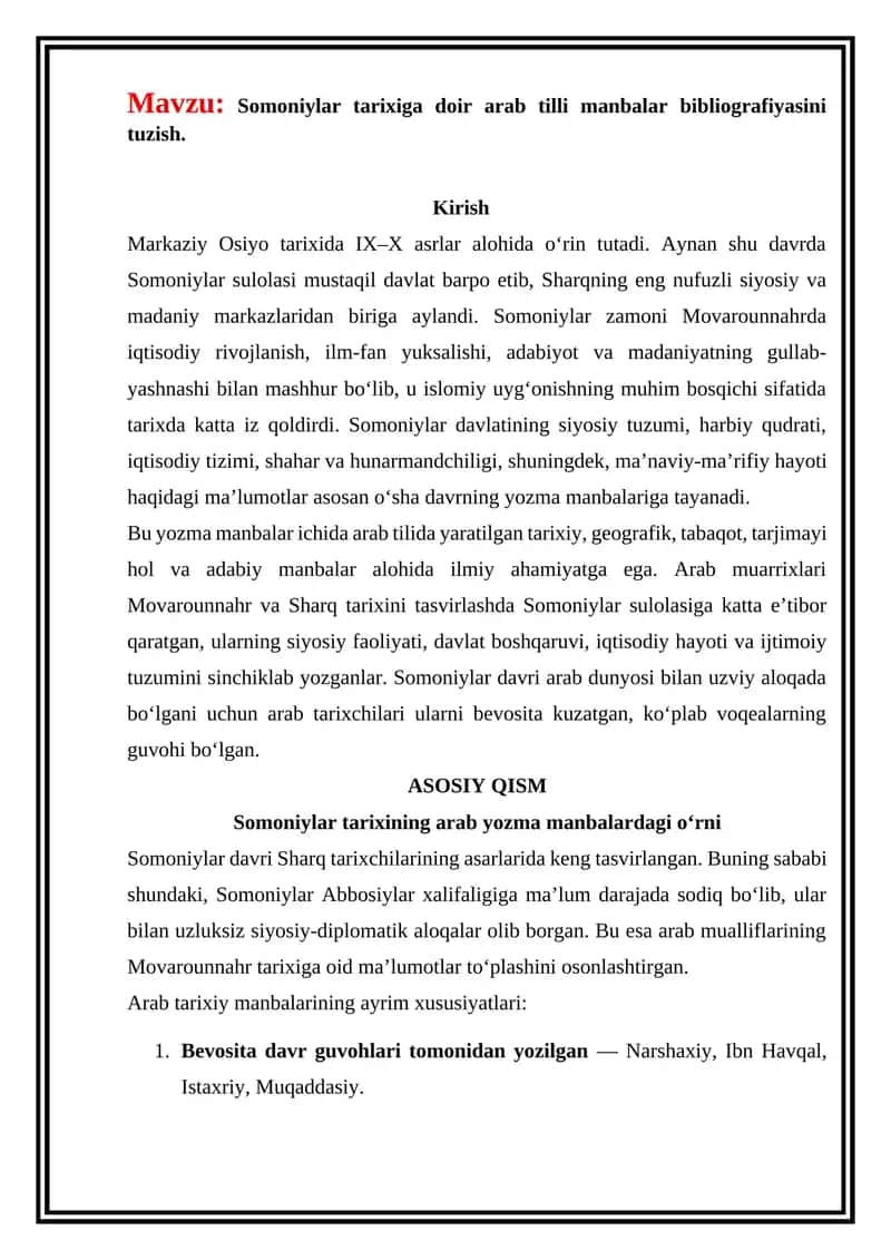 Somoniylar tarixiga doir arab tilli manbalar bibliografiyasi 1