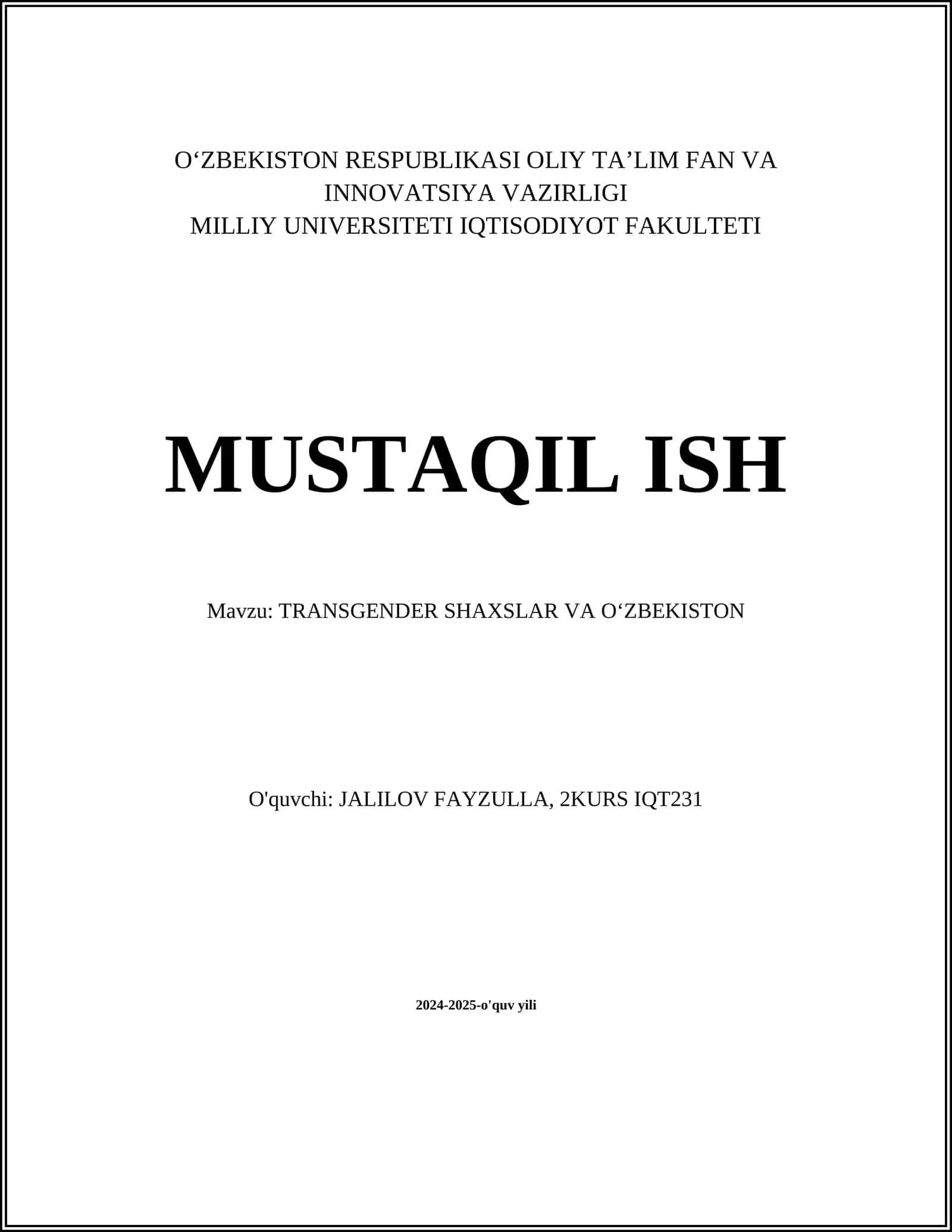 MUSTAQIL ISH Mavzu: TRANSGENDER SHAXSLAR VA O‘ZBEKISTON 1