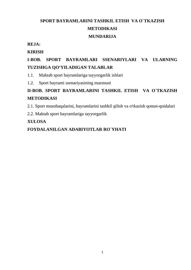 SPORT BAYRAMLARINI TASHKIL ETISH VA O`TKAZISH METODIKASI 1