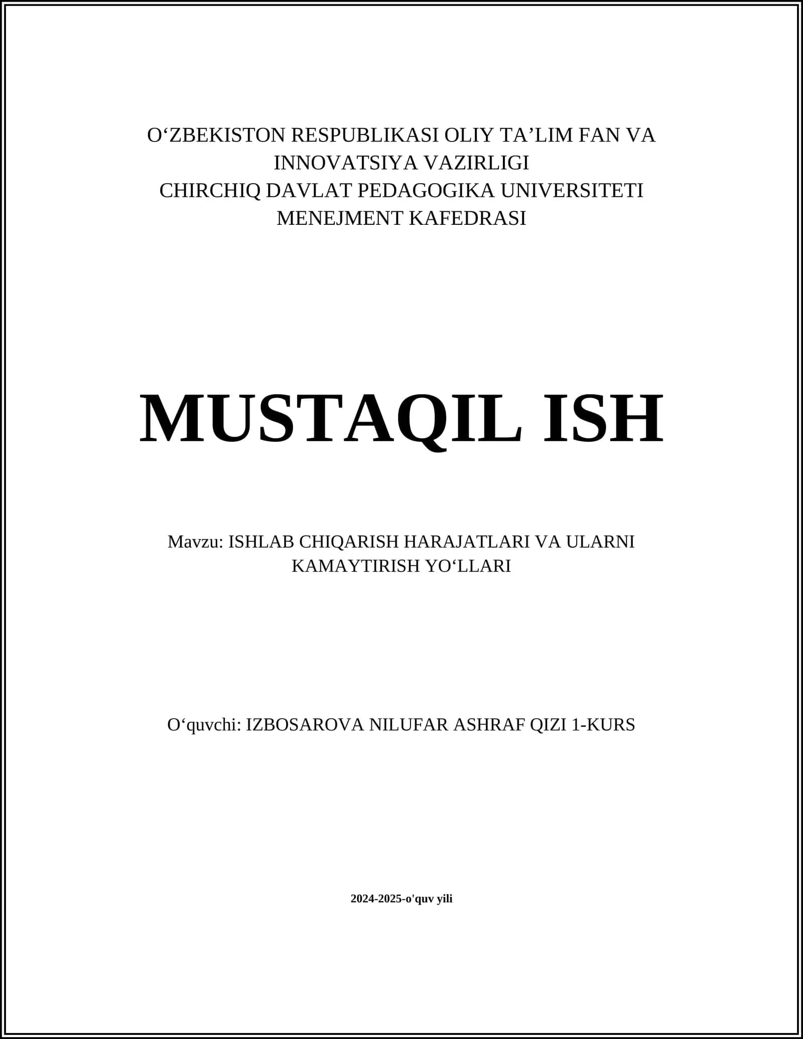 ISHLAB CHIQARISH HARAJATLARI VA ULARNI KAMAYTIRISH YOʻLLARI 1
