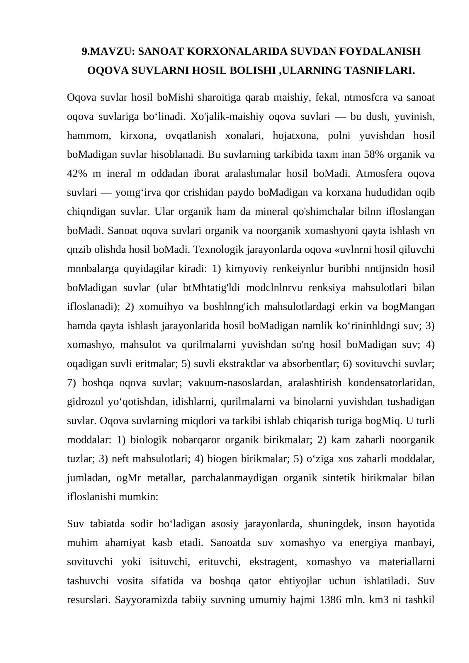 SANOAT KORXONALARIDA SUVDAN FOYDALANISH OQOVA SUVLARNI HOSIL BOLISHI,ULARNING TASNIFLARI 1