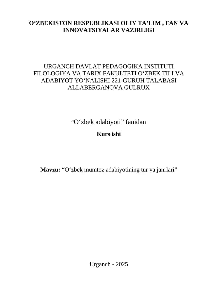 "O‘zbek mumtoz adabiyotining tur va janrlari" 1