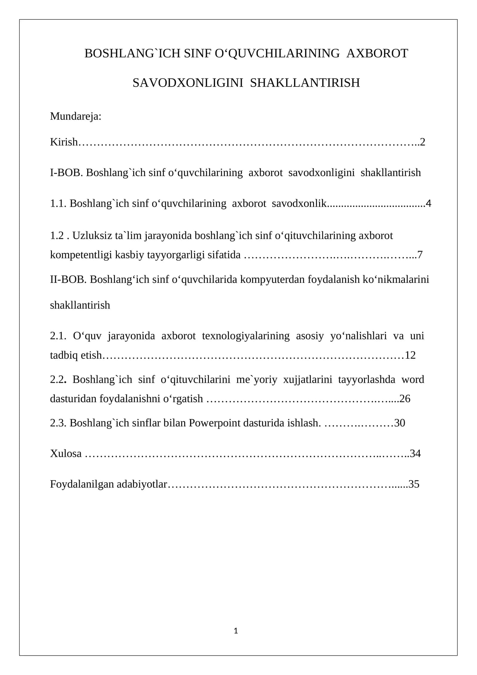 BOSHLANG`ICH SINF OʻQUVCHILARINING AXBOROT SAVODXONLIGINI SHAKLLANTIRISH 1