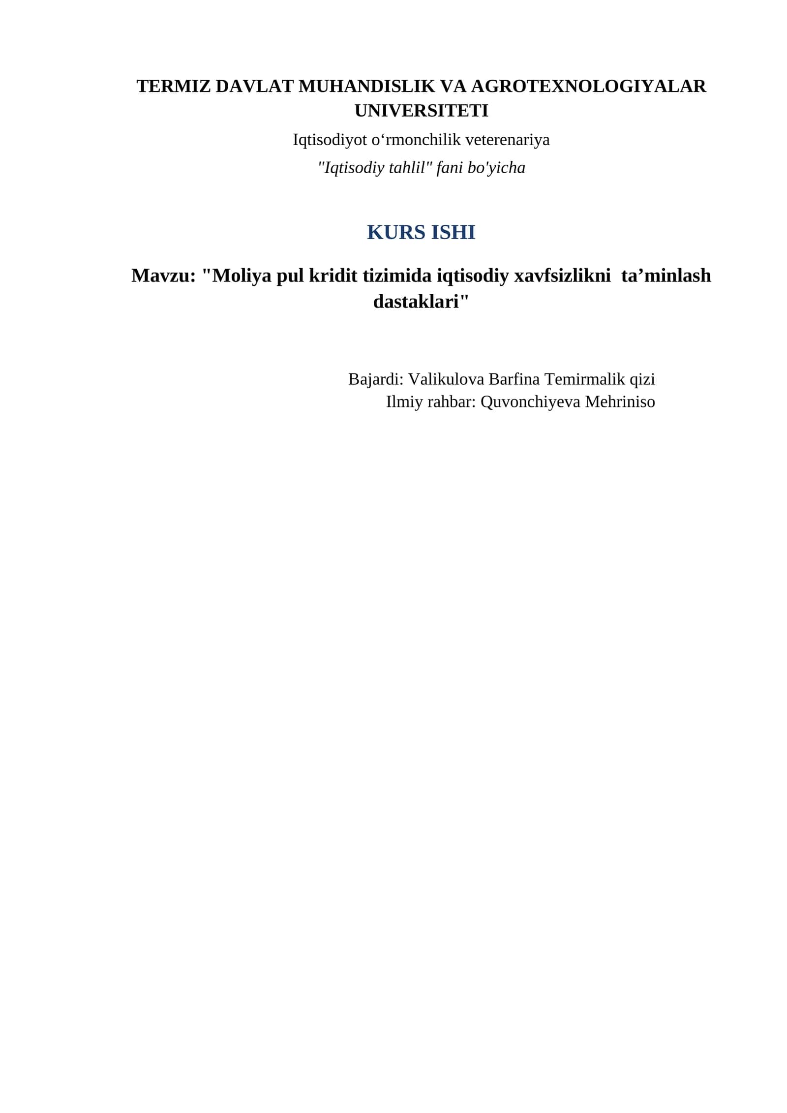"Moliya pul kridit tizimida iqtisodiy xavfsizlikni ta’minlash dastaklari" 1
