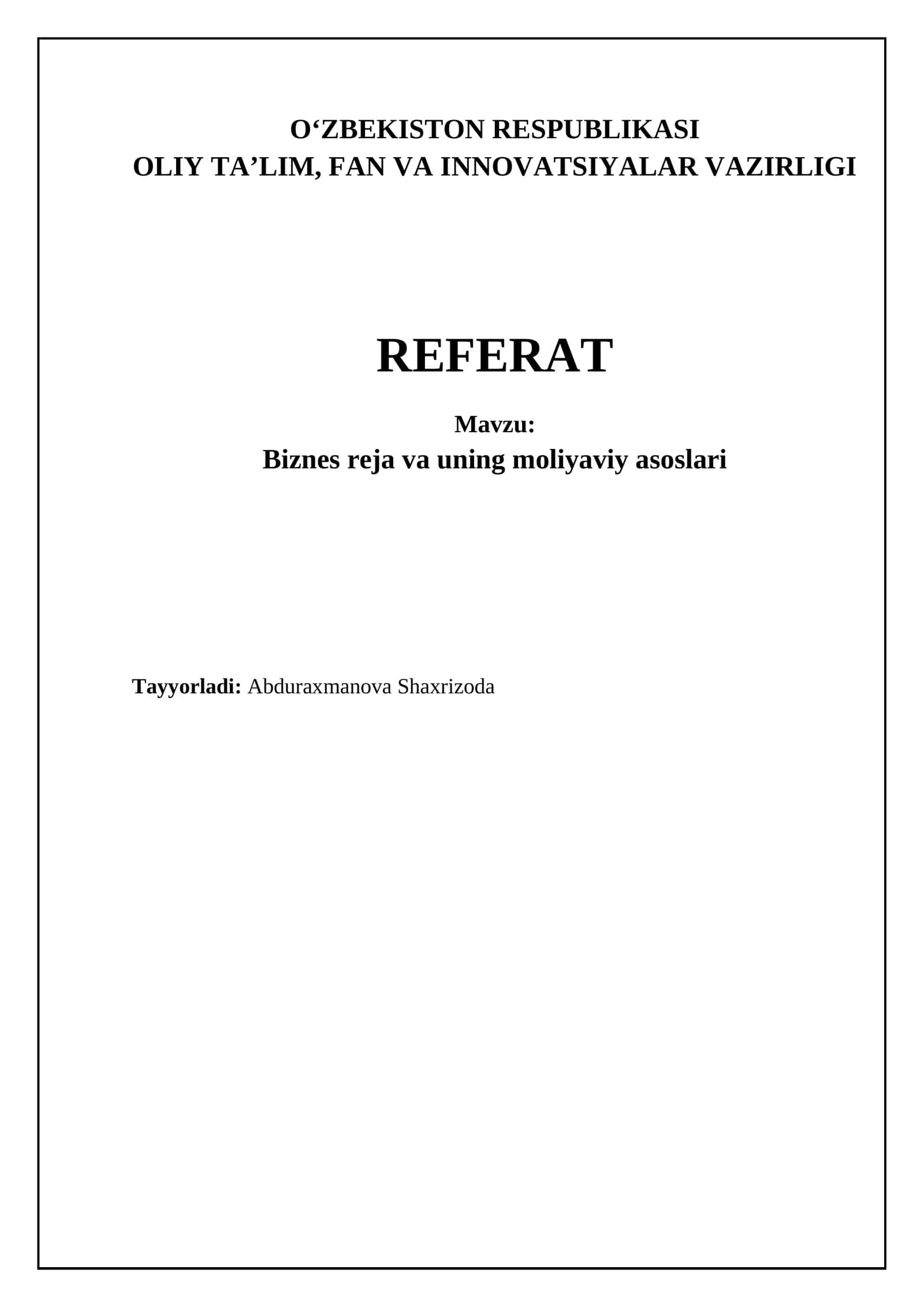 Biznes reja va uning moliyaviy asoslari 1