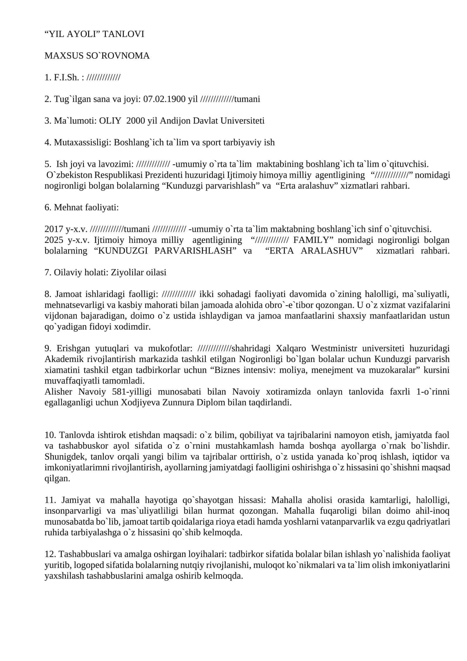 MAXSUS SO`ROVNOMA 1