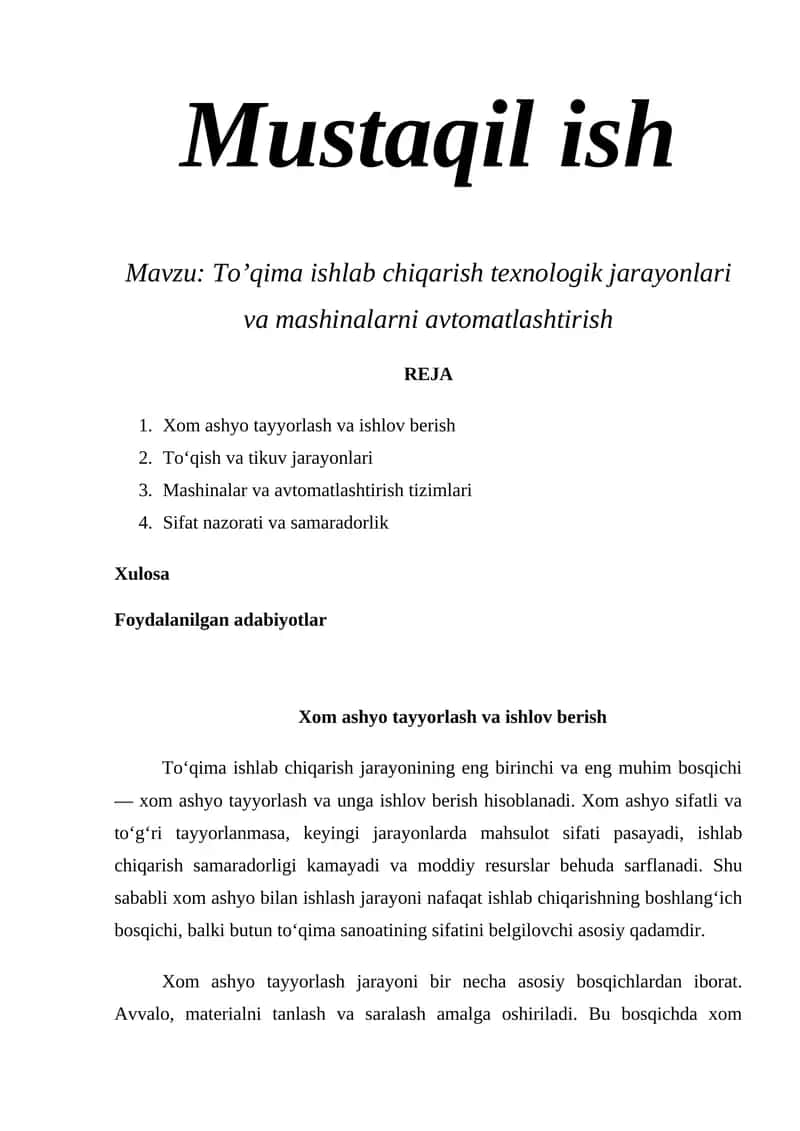 To’qima ishlab chiqarish texnologik jarayonlari va mashinalarni avtomatlashtirish 1