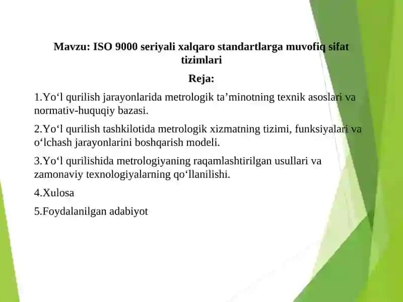ISO 9000 seriyali xalqaro standartlarga muvofiq sifat tizimlari