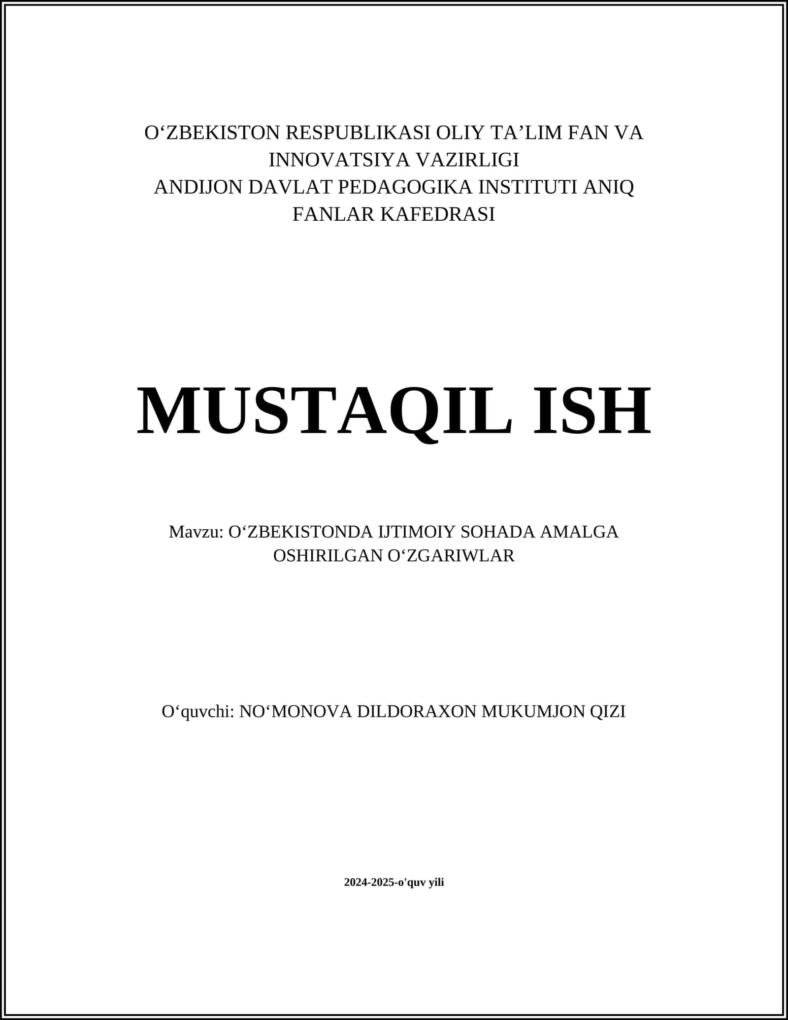 O‘ZBEKISTONDA IJTIMOIY SOHADA AMALGA OSHIRILGAN OʻZGARIWLAR 1