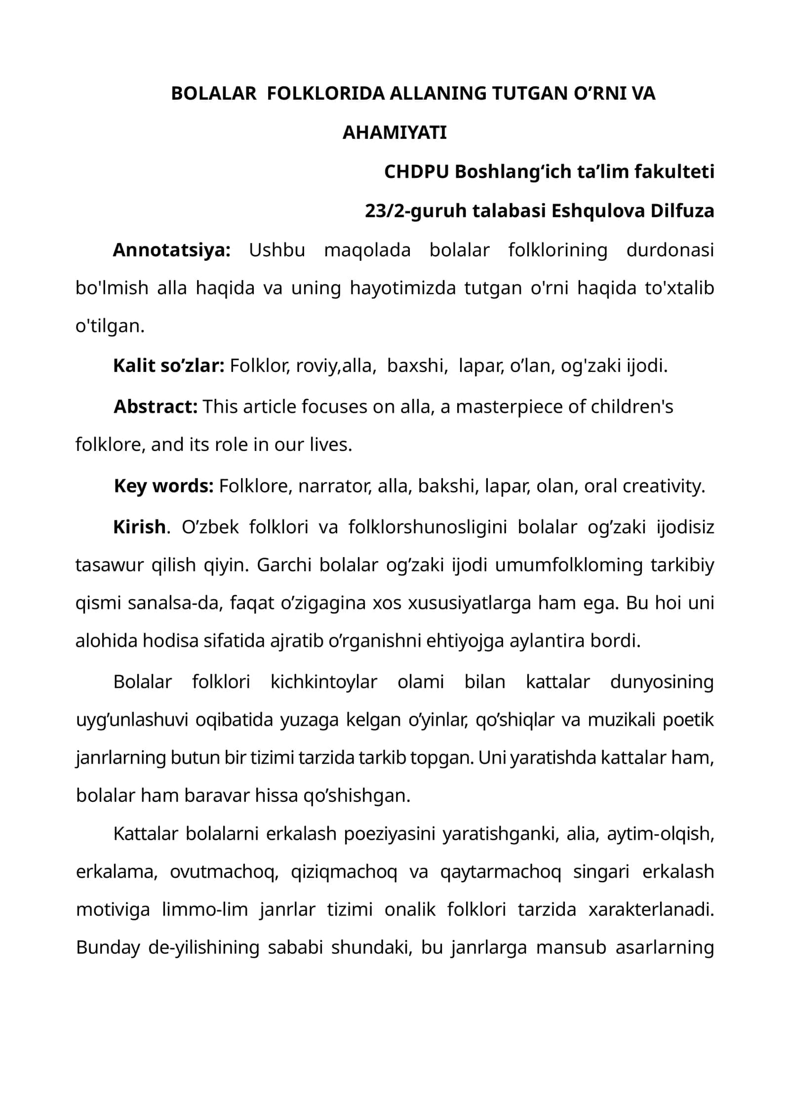 BOLALAR FOLKLORIDA ALLANING TUTGAN O’RNI VA AHAMIYATI 1