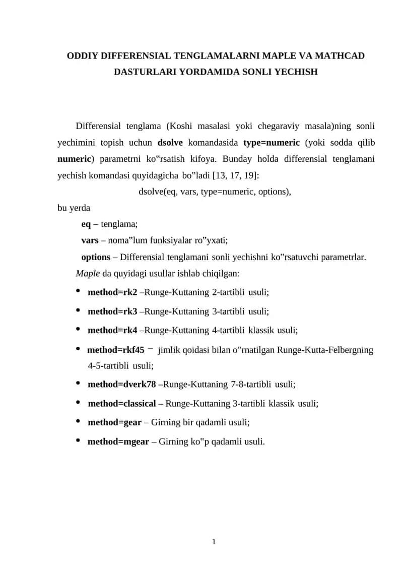 ODDIY DIFFERENSIAL TENGLAMALARNI MAPLE VA MATHCAD DASTURLARI YORDAMIDA SONLI YECHISH 1
