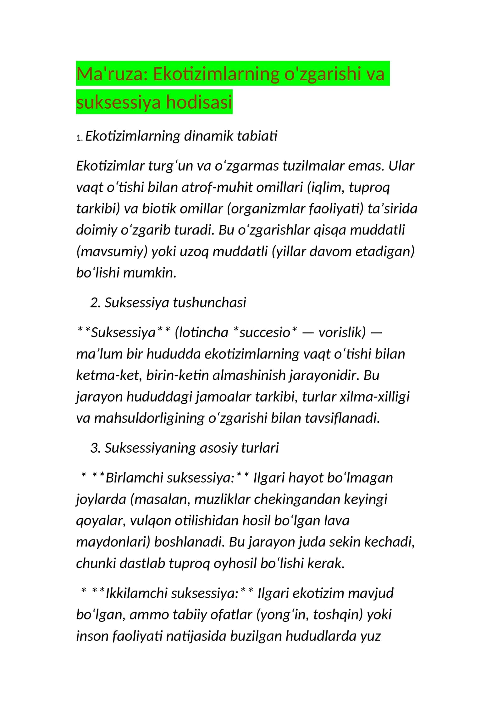 Ma'ruza: Ekotizimlarning o'zgarishi va suksessiya hodisasi 1
