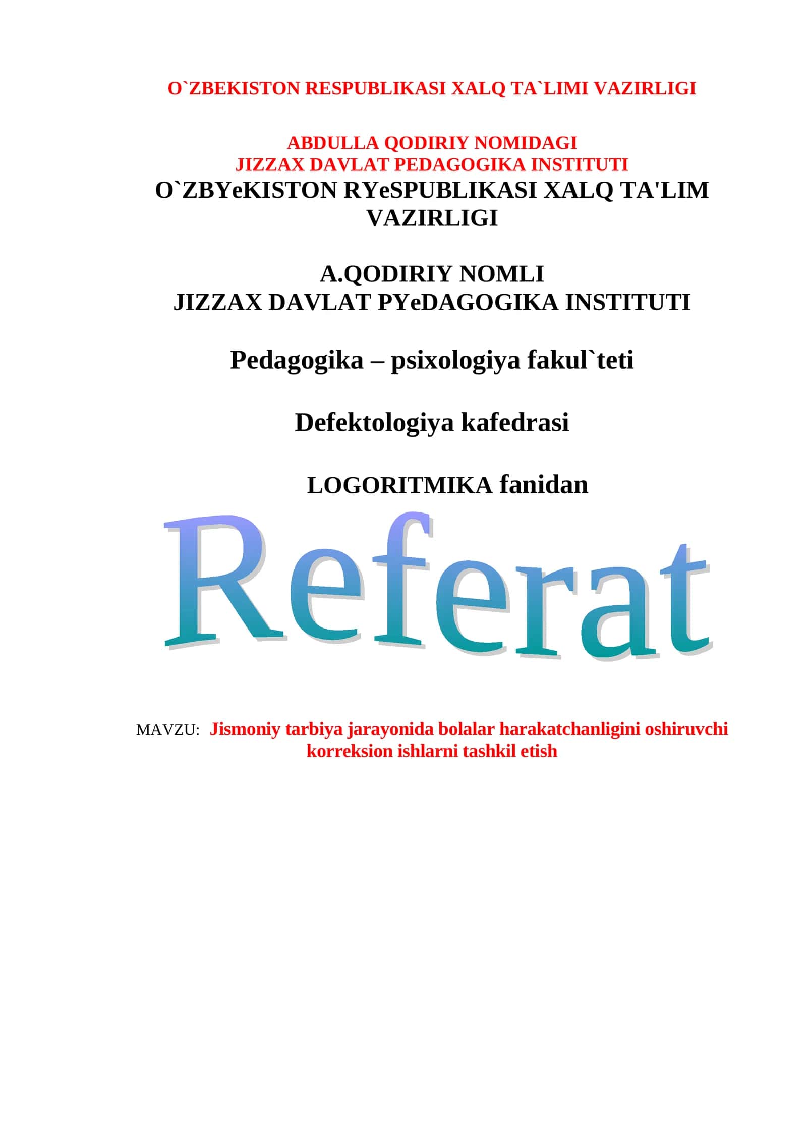 Korreksion ishlarni tashkil etish 1