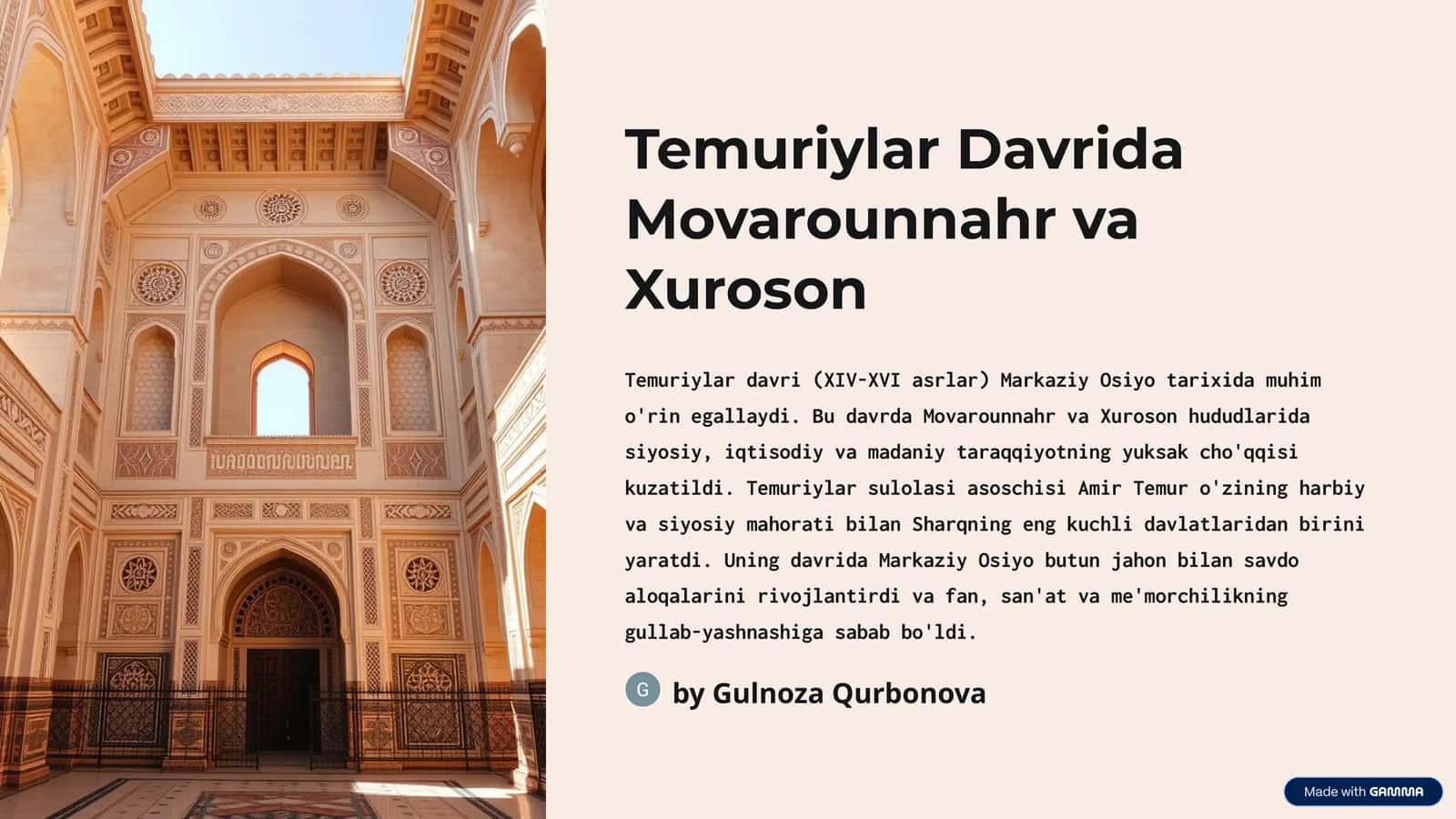 Temuriylar Davrida Movarounnahr va Xuroson mavzusida tayyor taqdimot 1